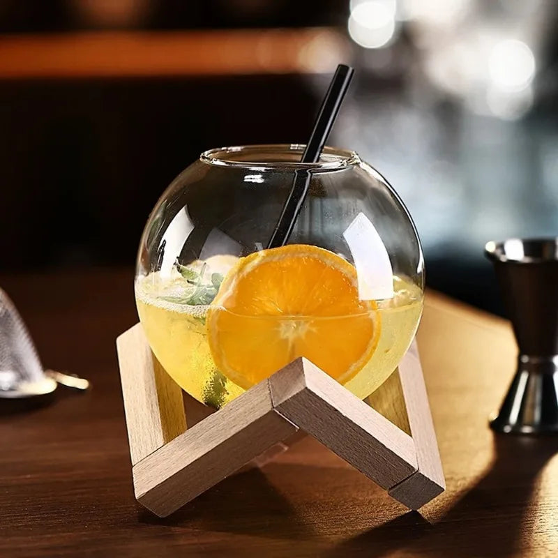 Cocktail Glass with Wood Stand - Creative Barware, Round Ball Tumbler for Juice & Smoothies