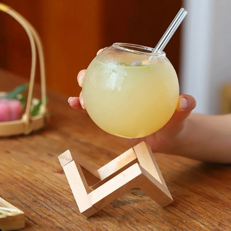 Cocktail Glass with Wood Stand - Creative Barware, Round Ball Tumbler for Juice & Smoothies