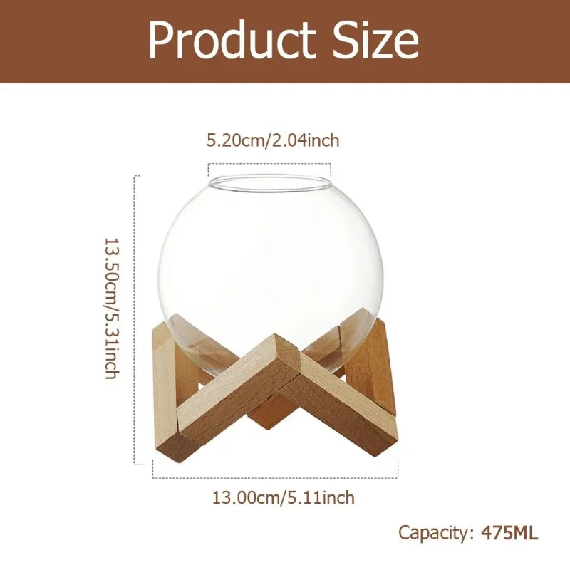 Cocktail Glass with Wood Stand - Creative Barware, Round Ball Tumbler for Juice & Smoothies