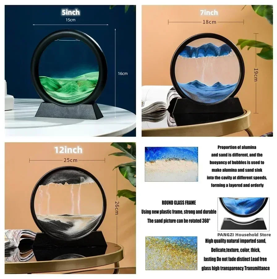 3D Moving Sand Art - Round Glass Deep Sea Sandscape for Home & Office Decor